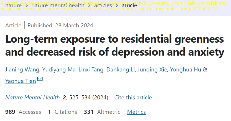 Ar svarbus gyvenamasis ekologiškas？Naujausi tyrimai patvirtina, kad gyvenamųjų namų žalia yra neigiamai susijusi su depresija ir nerimo rizika, o oro taršos sumažėjimas yra svarbus tarpininkas, jungia